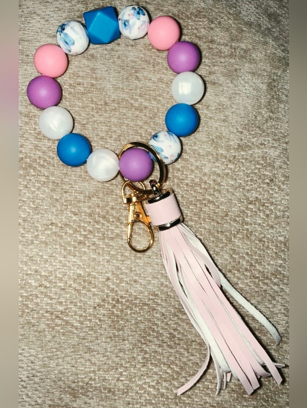 Beaded Wristlet Keychain with Pink Tassel - Multicolor